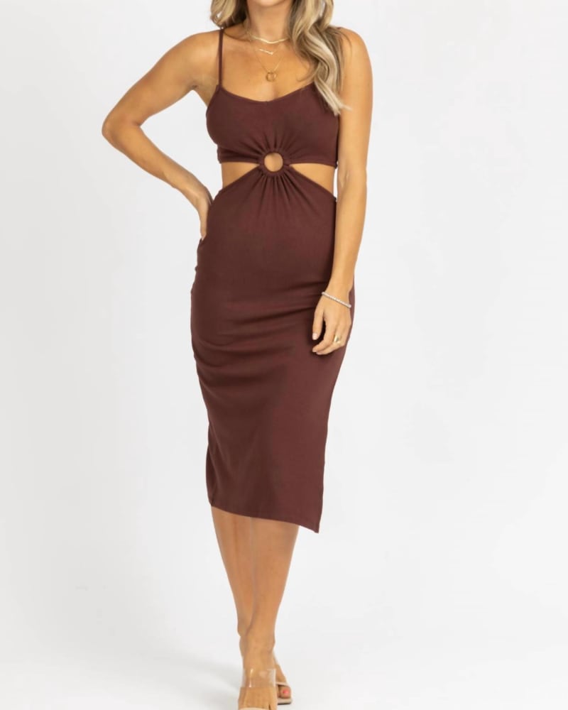 Front of a model wearing a size L O-Ring Lennon Midi Dress In Chocolate in Chocolate by CRESCENT. | dia_product_style_image_id:342429